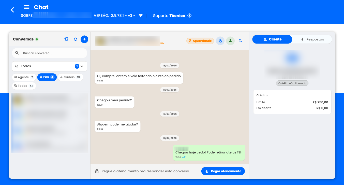 Chat de atendimento do CRM Mitryus: filas por atendente, janela de 24h e ficha de crédito do cliente ao lado da conversa